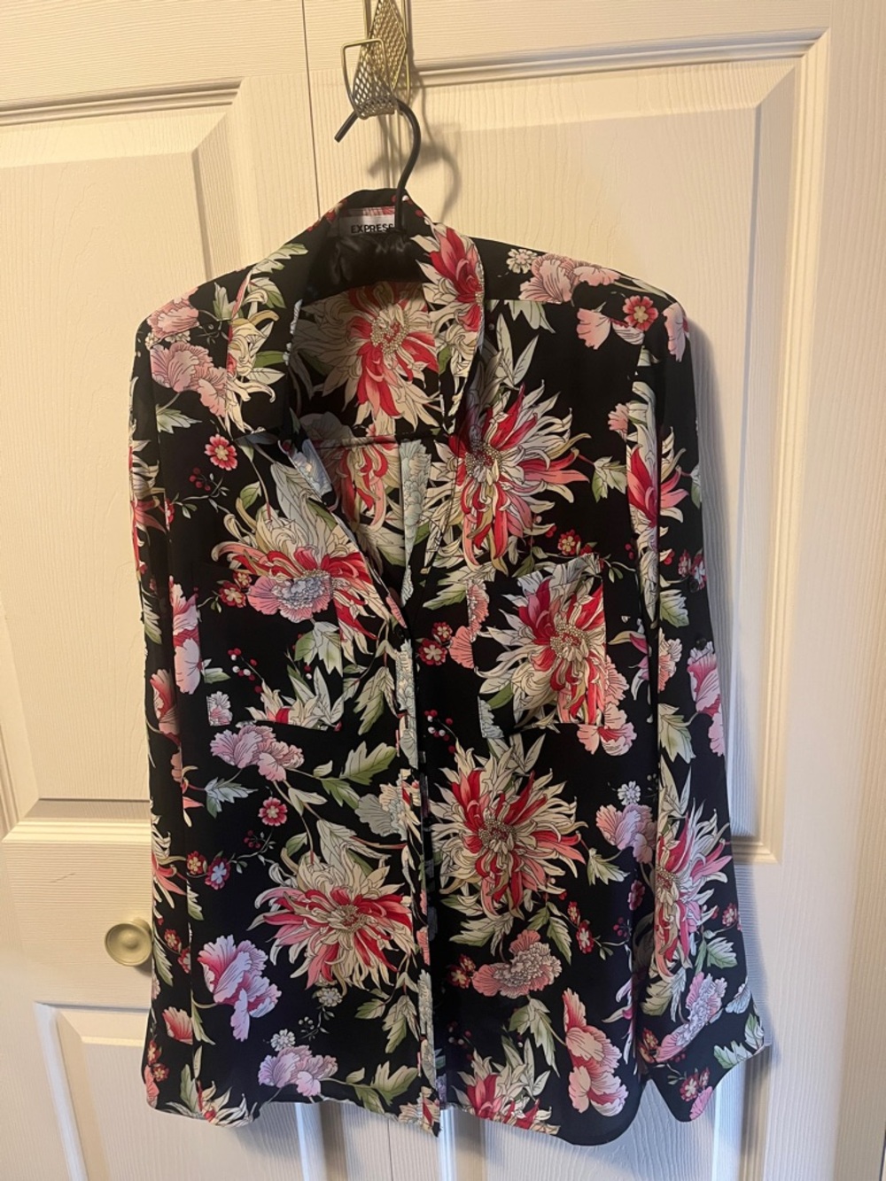 Express Black Floral Button-Front Blouse with Pink & Coral Blooms